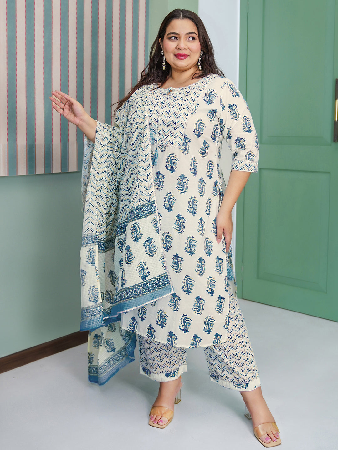 Plus Size Cream Printed Cotton Straight Suit With Dupatta