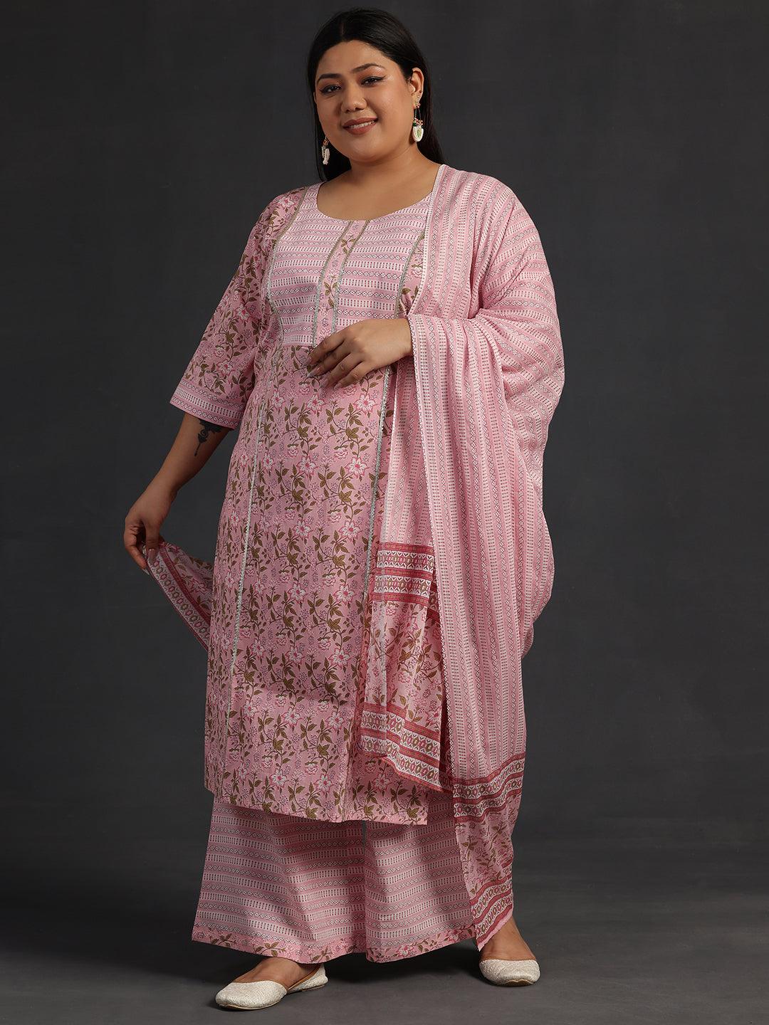 Plus Size Pink Yoke Design Cotton Straight Suit With Dupatta