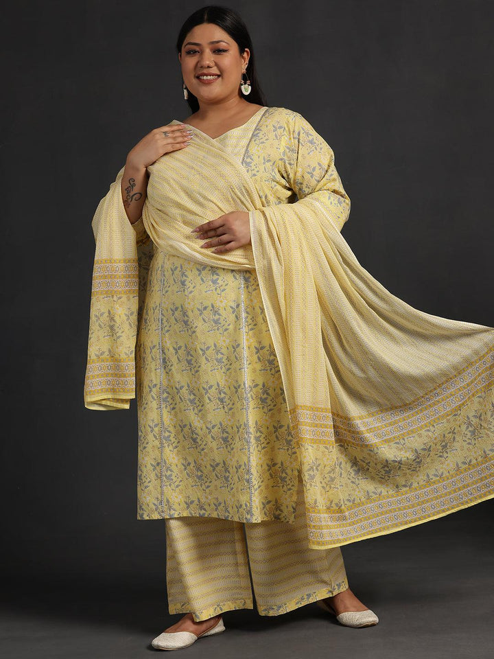 Plus Size Yellow Printed Cotton Straight Suit With Dupatta