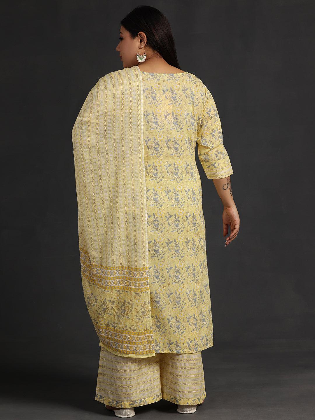 Plus Size Yellow Printed Cotton Straight Suit With Dupatta