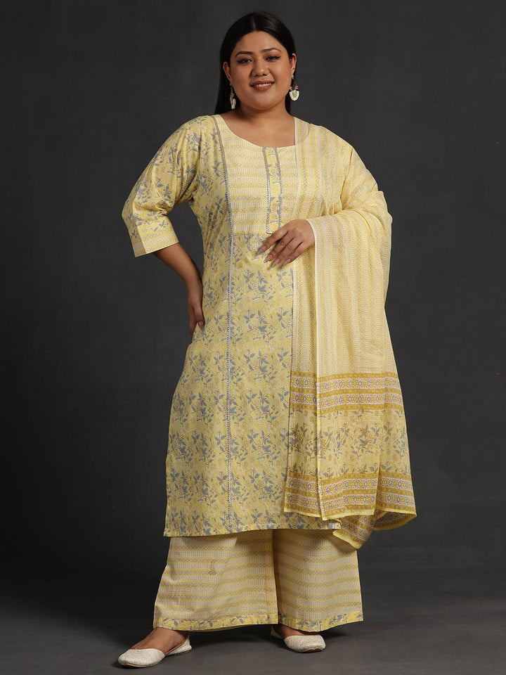 Plus Size Yellow Printed Cotton Straight Suit With Dupatta