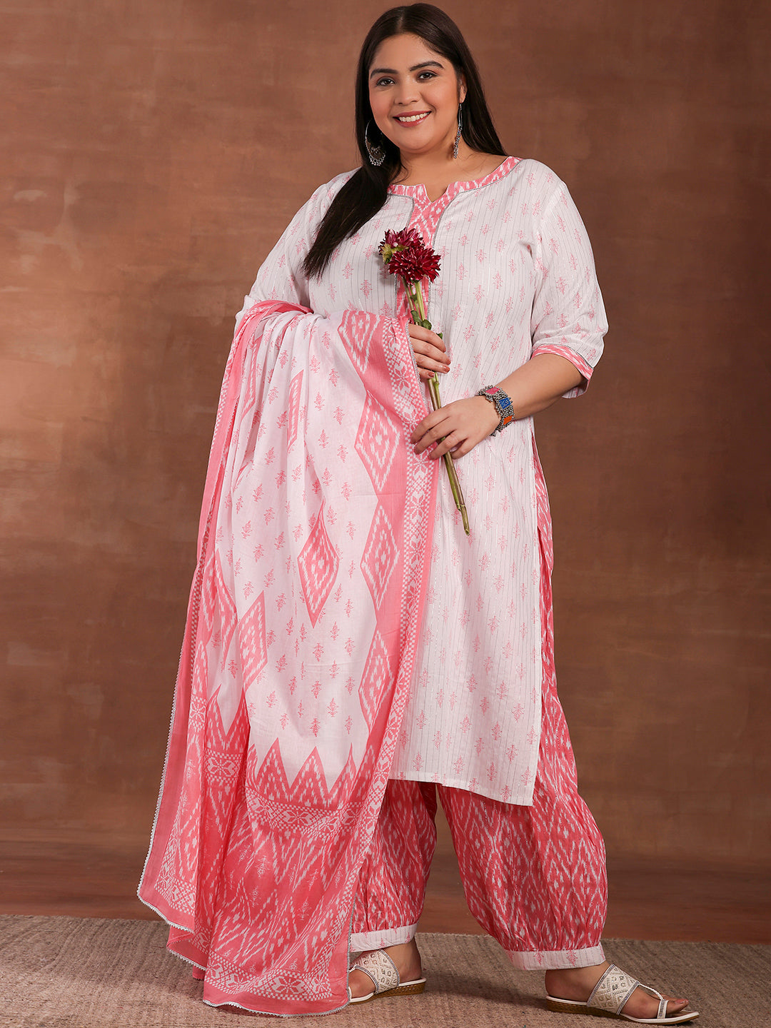 Plus Size White Printed Cotton Straight Suit With Dupatta