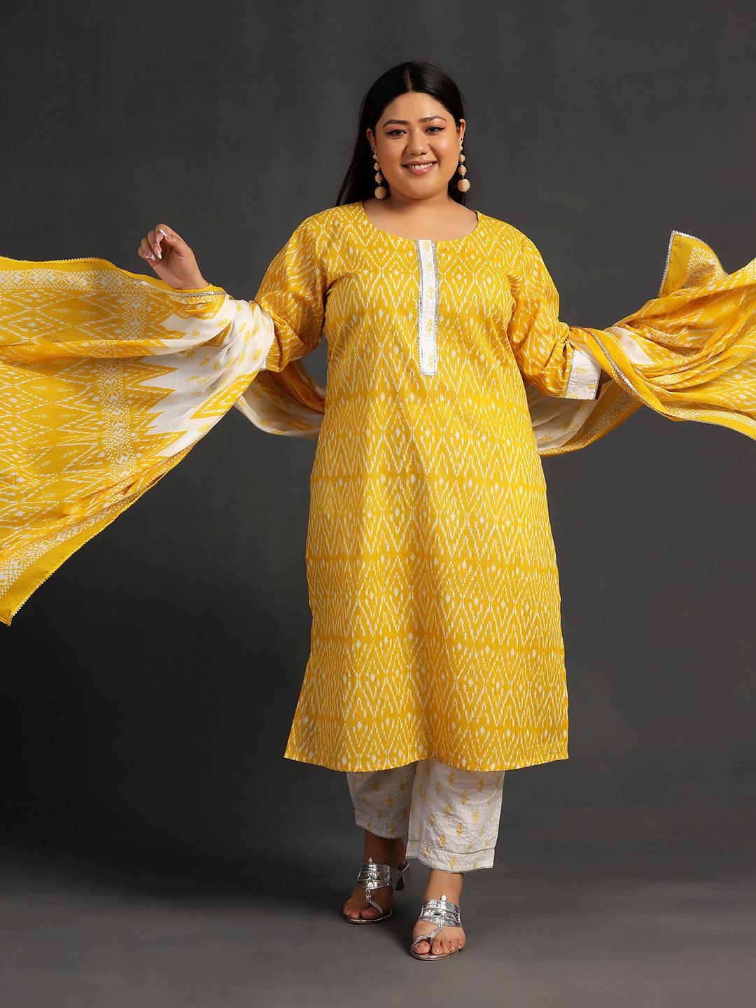 Plus Size Yellow Printed Cotton Straight Suit With Dupatta