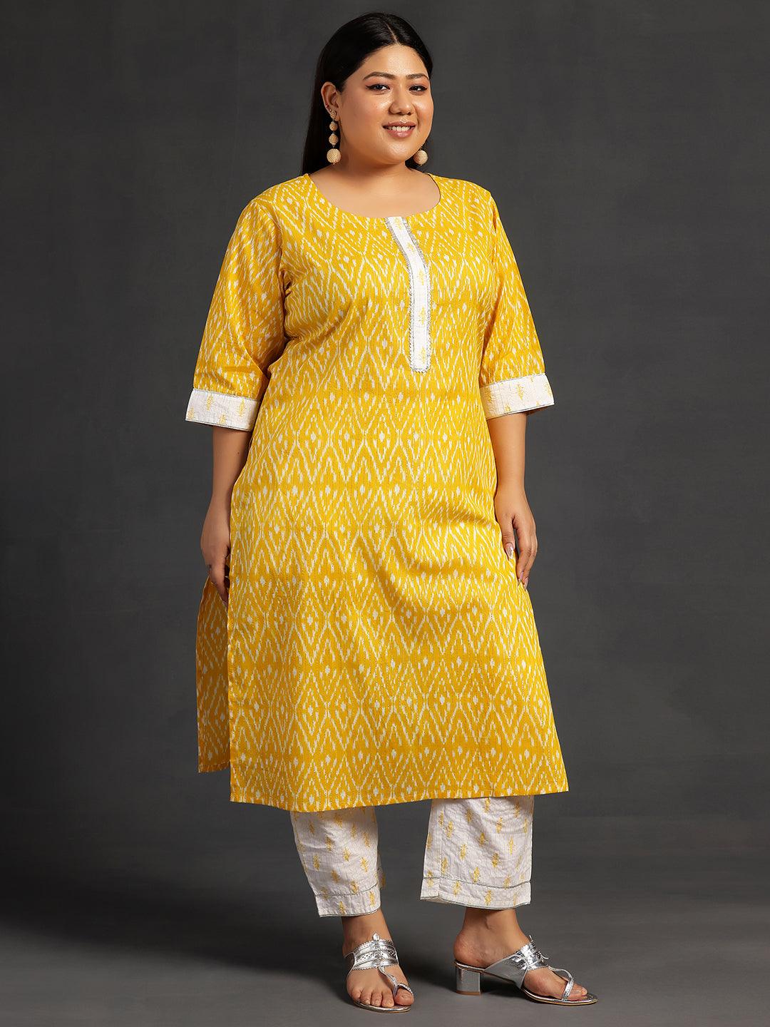 Plus Size Yellow Printed Cotton Straight Suit With Dupatta