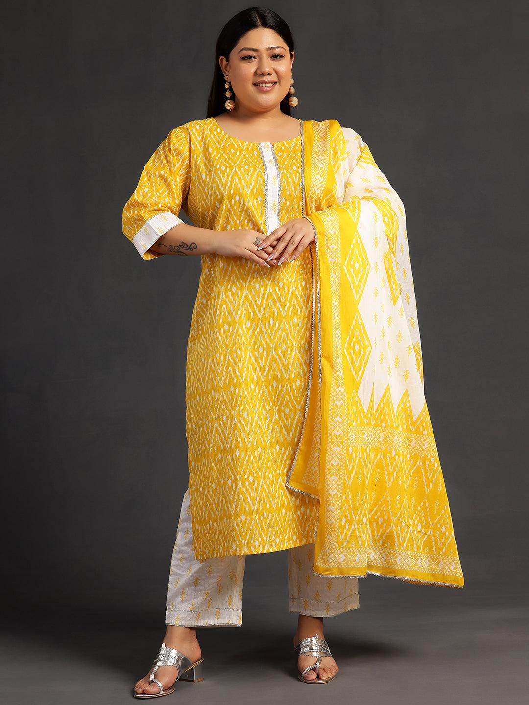 Plus Size Yellow Printed Cotton Straight Suit With Dupatta