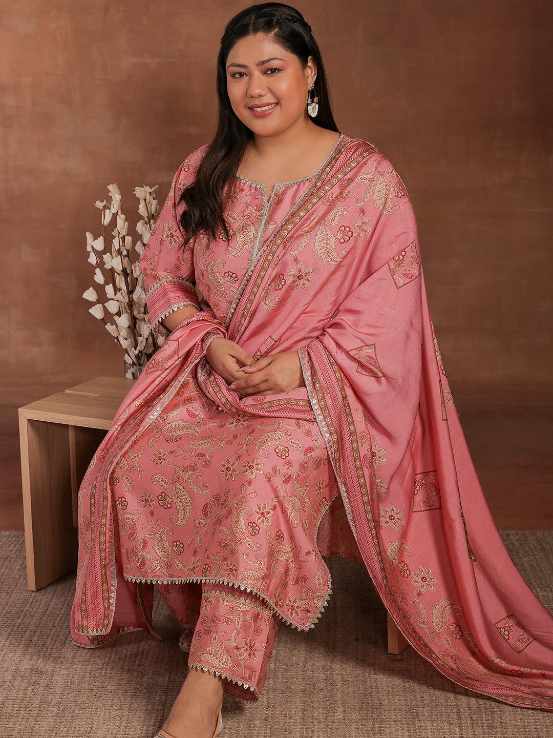 Plus Size Pink Printed Silk Blend Straight Suit With Dupatta