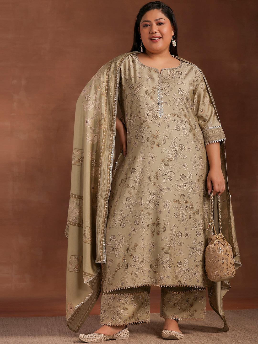 Plus Size Green Printed Silk Blend Straight Suit With Dupatta