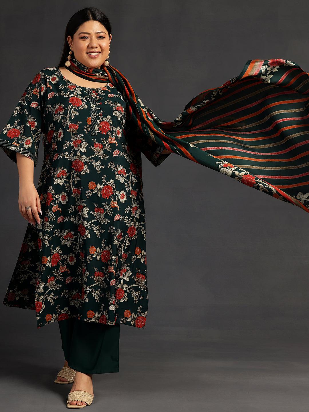 Plus Size Green Printed Silk Blend Straight Suit With Dupatta