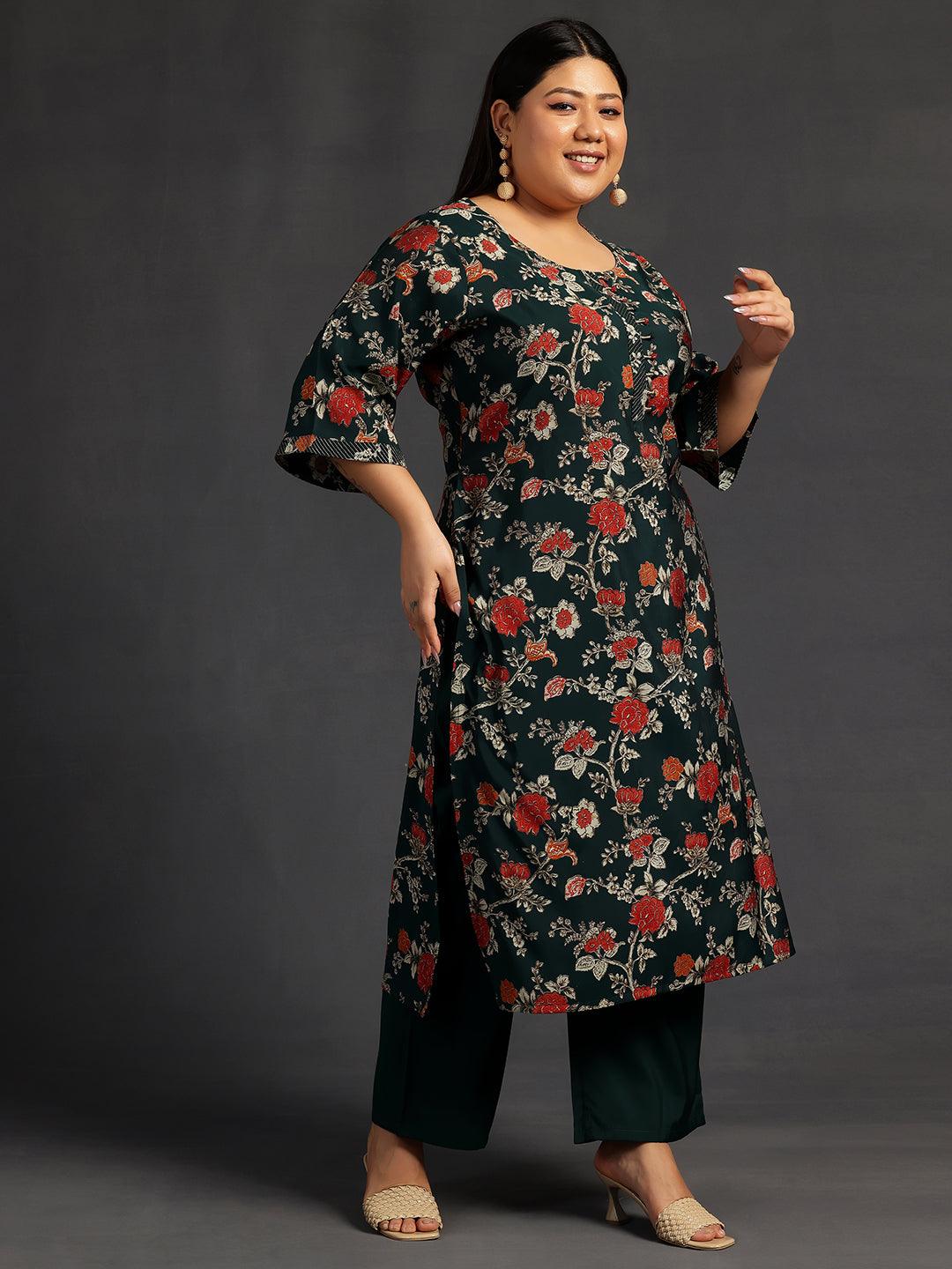 Plus Size Green Printed Silk Blend Straight Suit With Dupatta