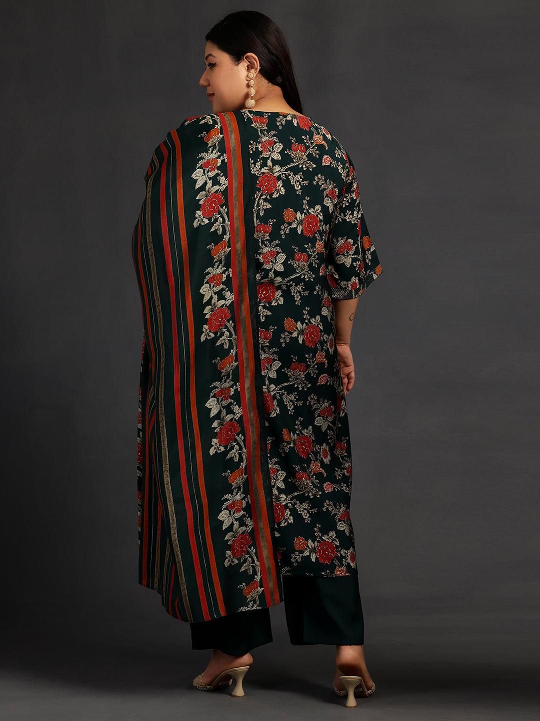 Plus Size Green Printed Silk Blend Straight Suit With Dupatta