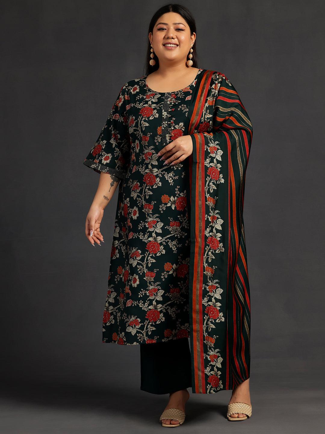 Plus Size Green Printed Silk Blend Straight Suit With Dupatta