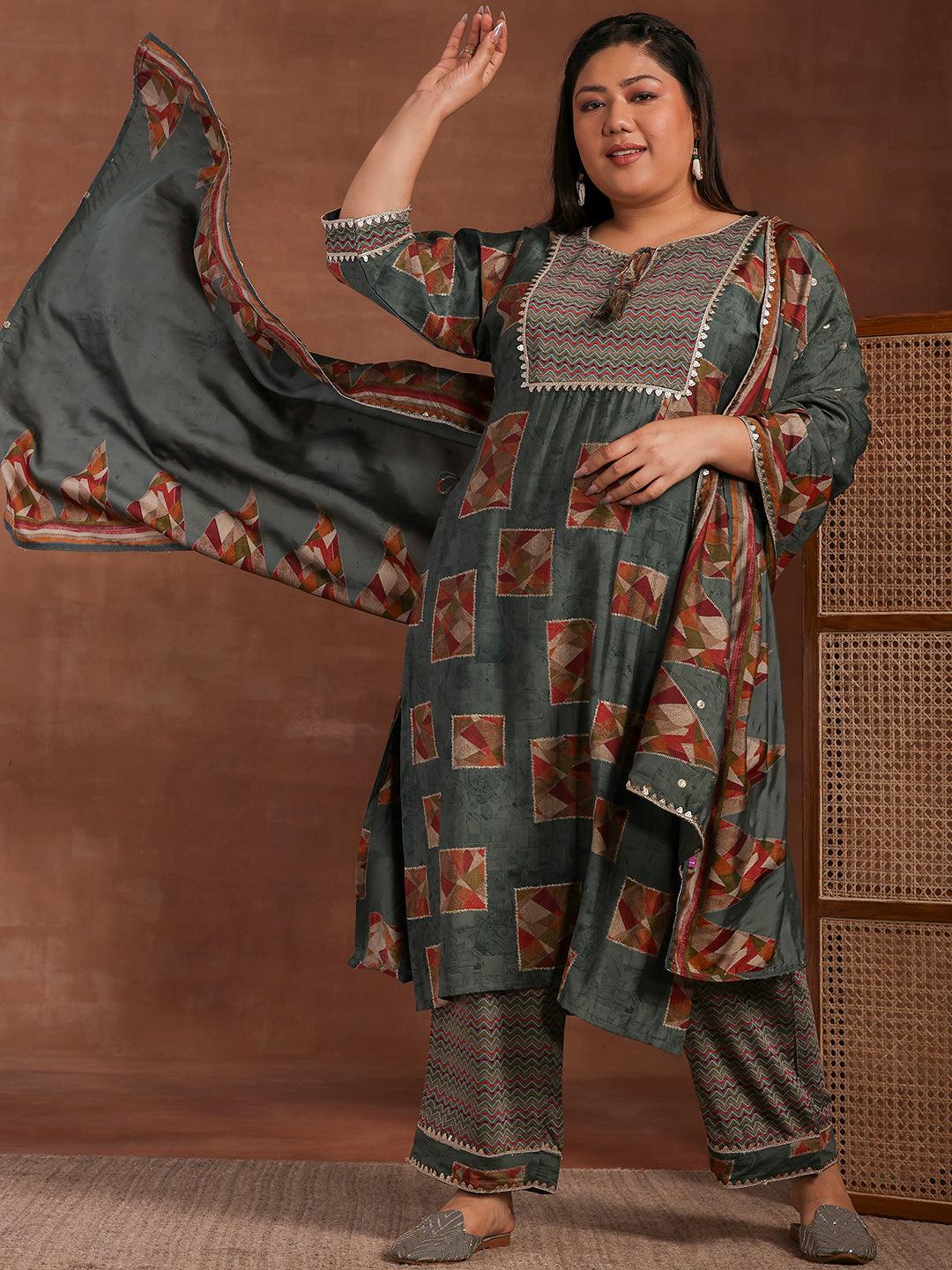 Plus Size Green Printed Silk Blend Straight Suit With Dupatta