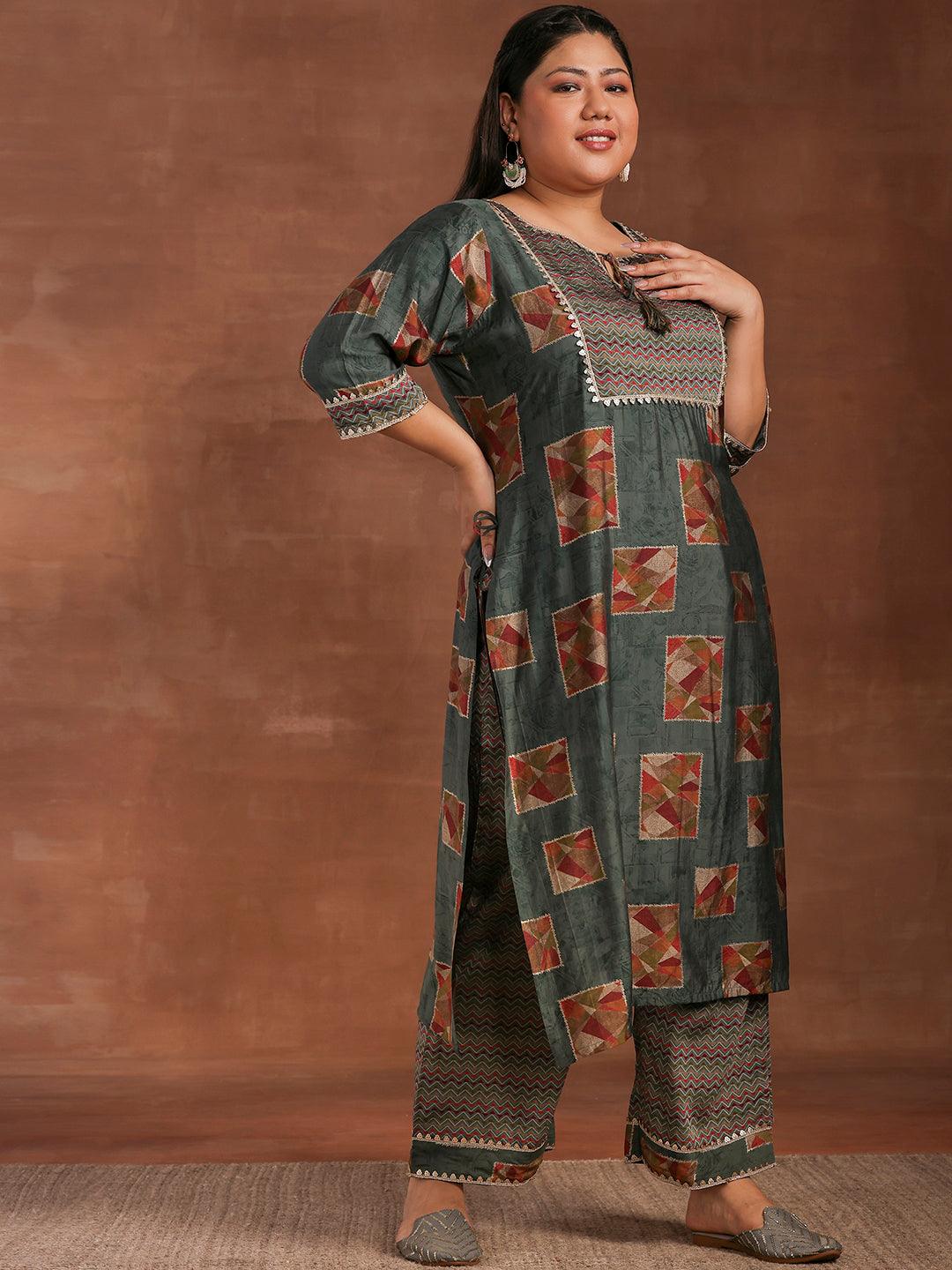 Plus Size Green Printed Silk Blend Straight Suit With Dupatta