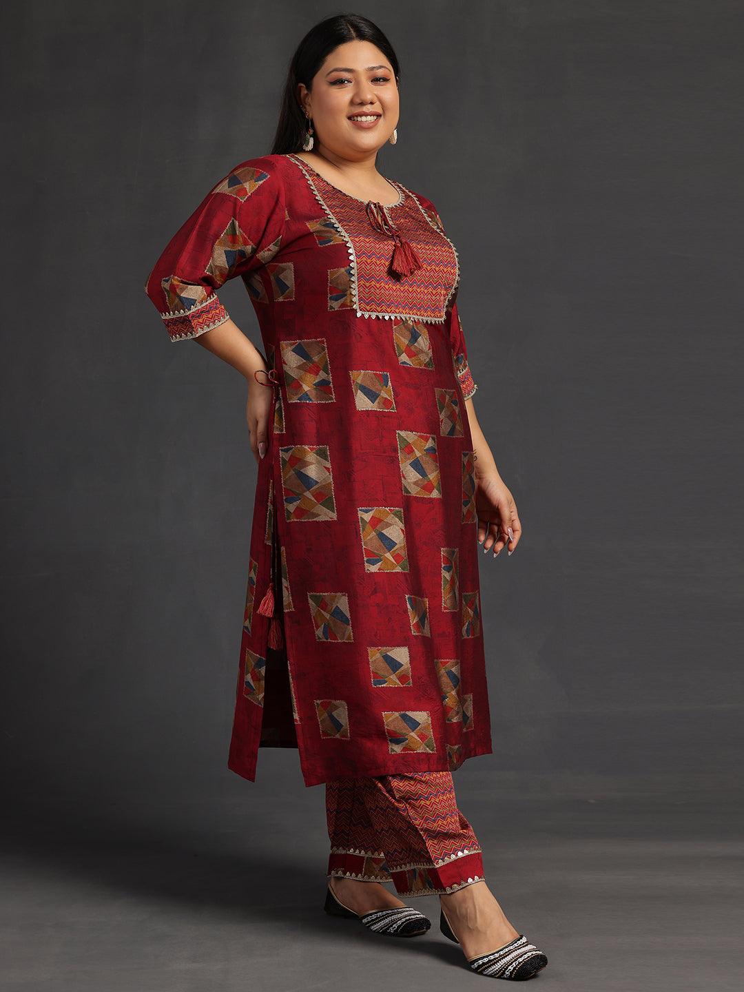 Plus Size Maroon Printed Silk Blend Straight Suit With Dupatta