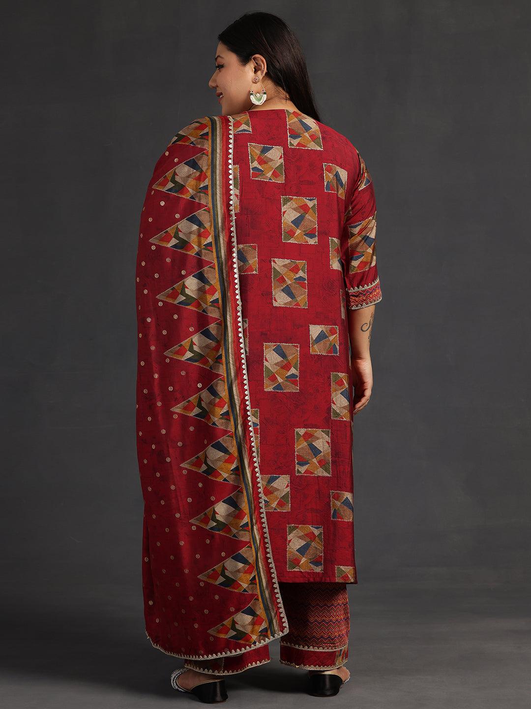 Plus Size Maroon Printed Silk Blend Straight Suit With Dupatta