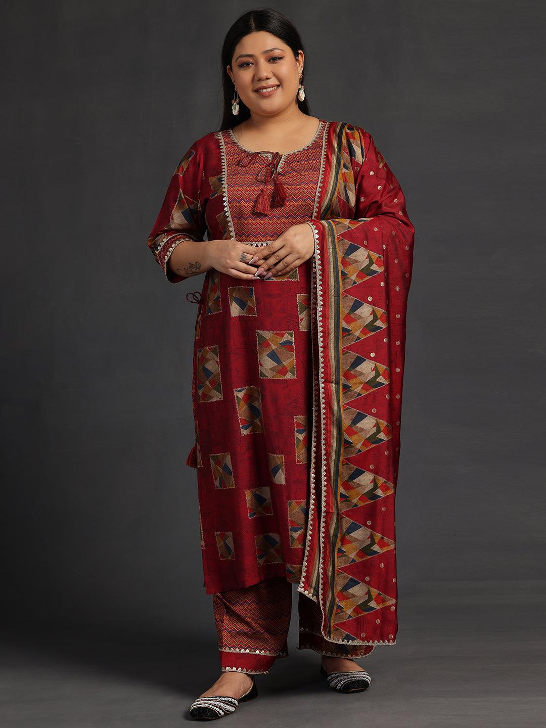 Plus Size Maroon Printed Silk Blend Straight Suit With Dupatta