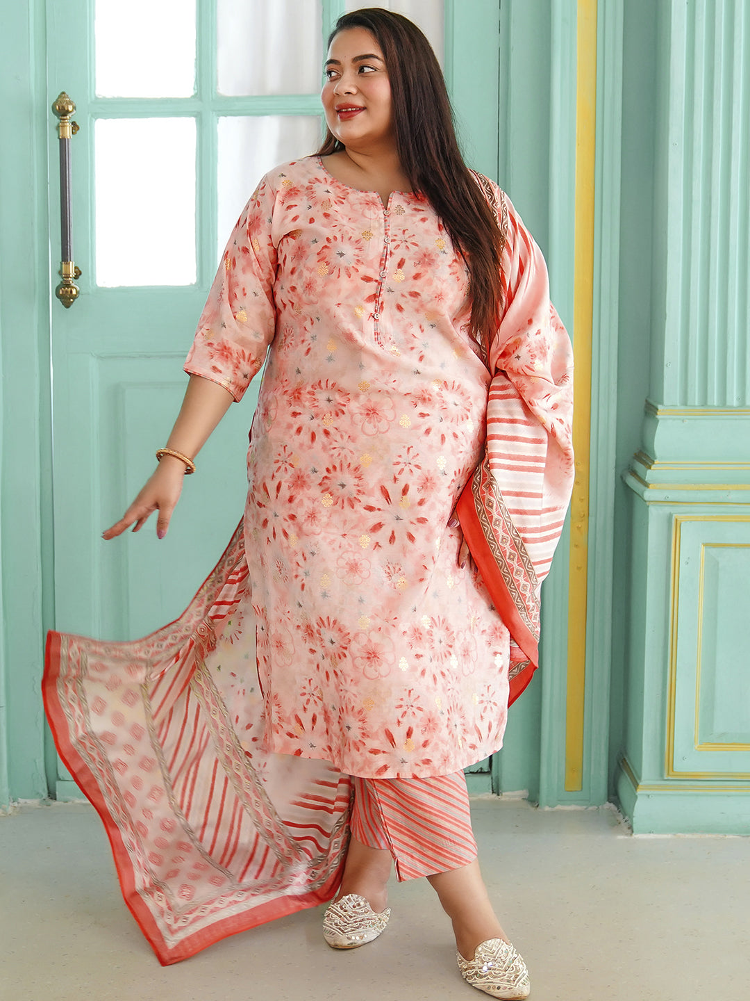 Plus Size Peach Printed Silk Blend Straight Suit With Dupatta