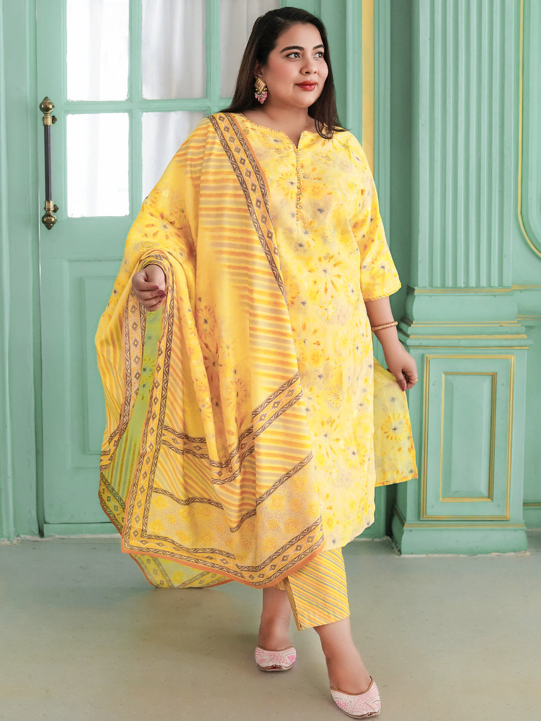 Plus Size Yellow Printed Silk Blend Straight Suit With Dupatta