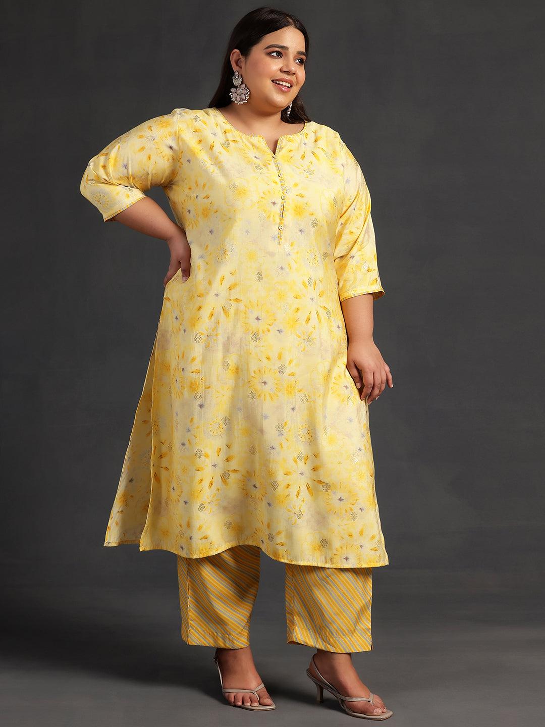 Plus Size Yellow Printed Silk Blend Straight Kurta With Trousers & Dupatta - ShopLibas