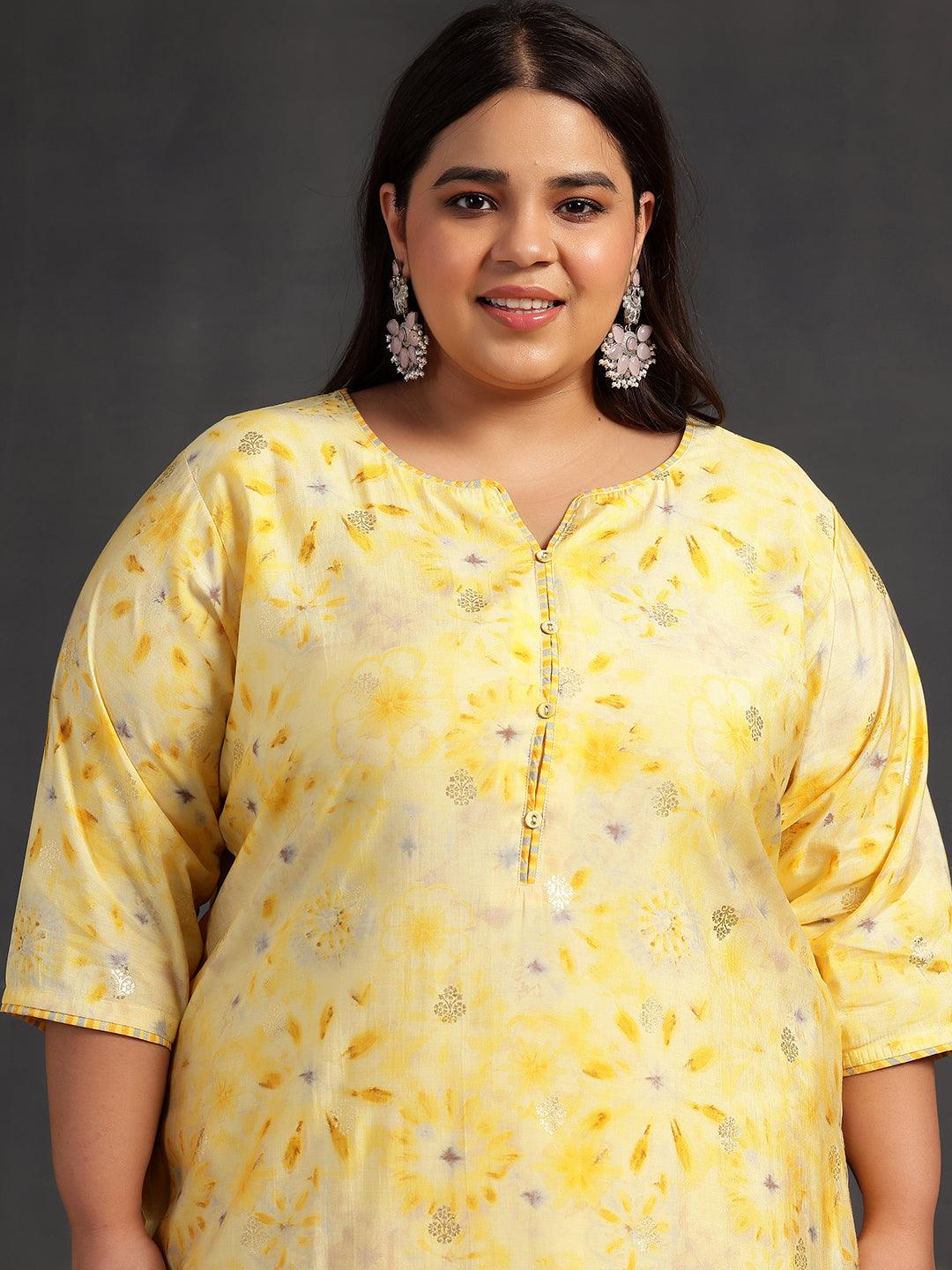 Plus Size Yellow Printed Silk Blend Straight Kurta With Trousers & Dupatta - ShopLibas