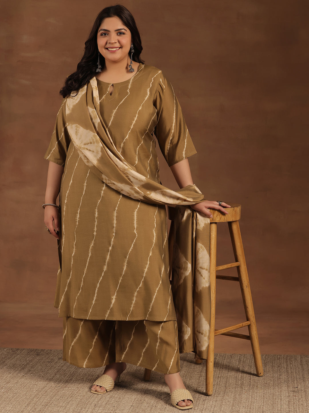 Plus Size Olive Printed Silk Blend Straight Suit With Dupatta