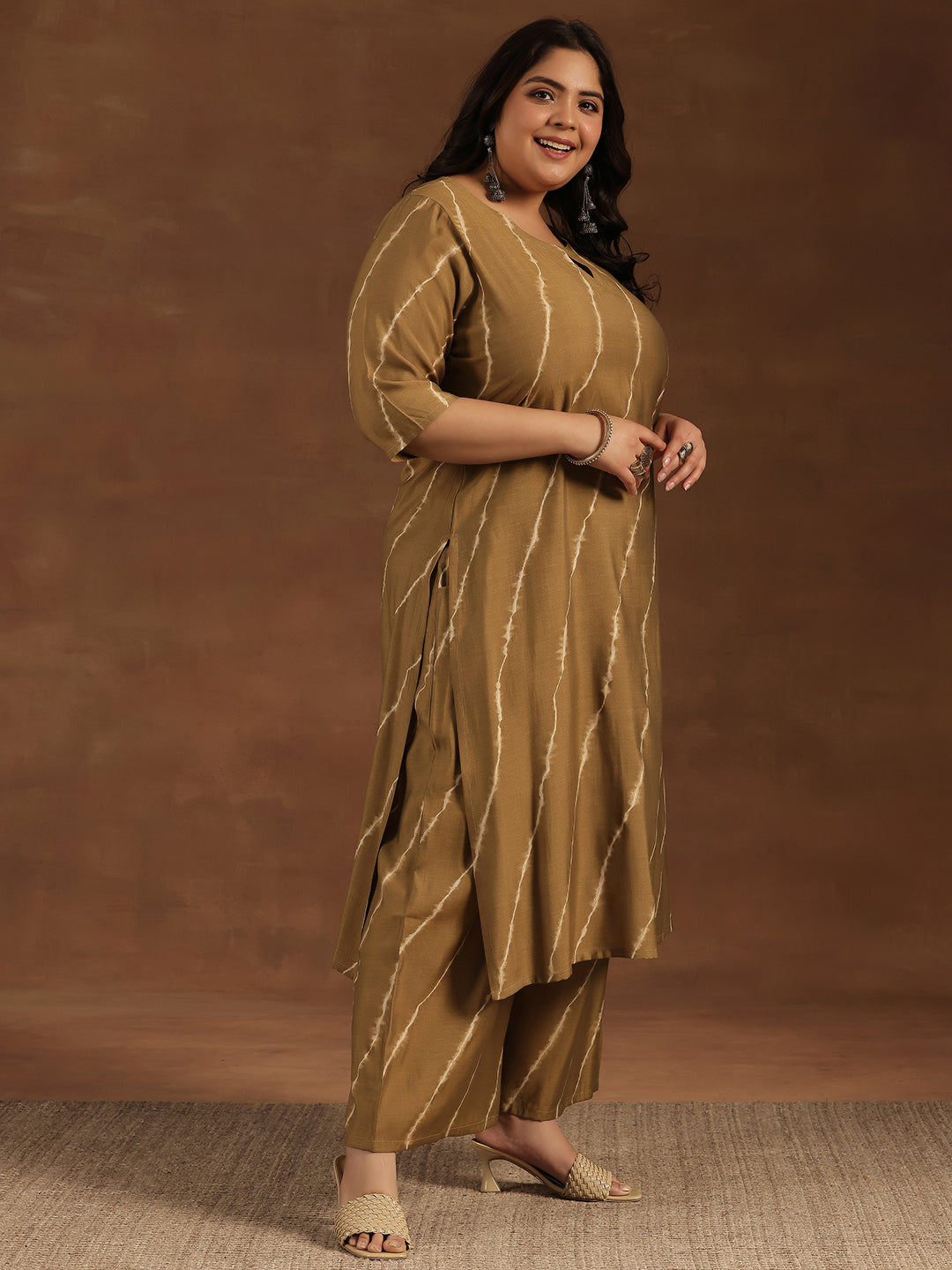 Plus Size Olive Printed Silk Blend Straight Suit With Dupatta