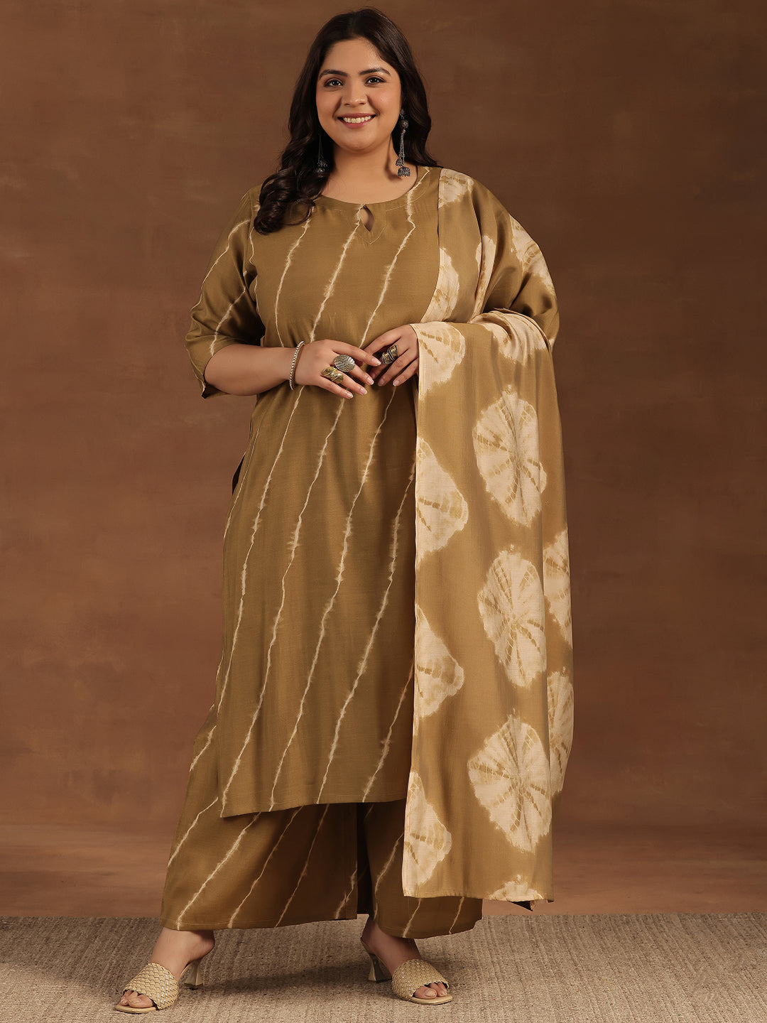 Plus Size Olive Printed Silk Blend Straight Suit With Dupatta