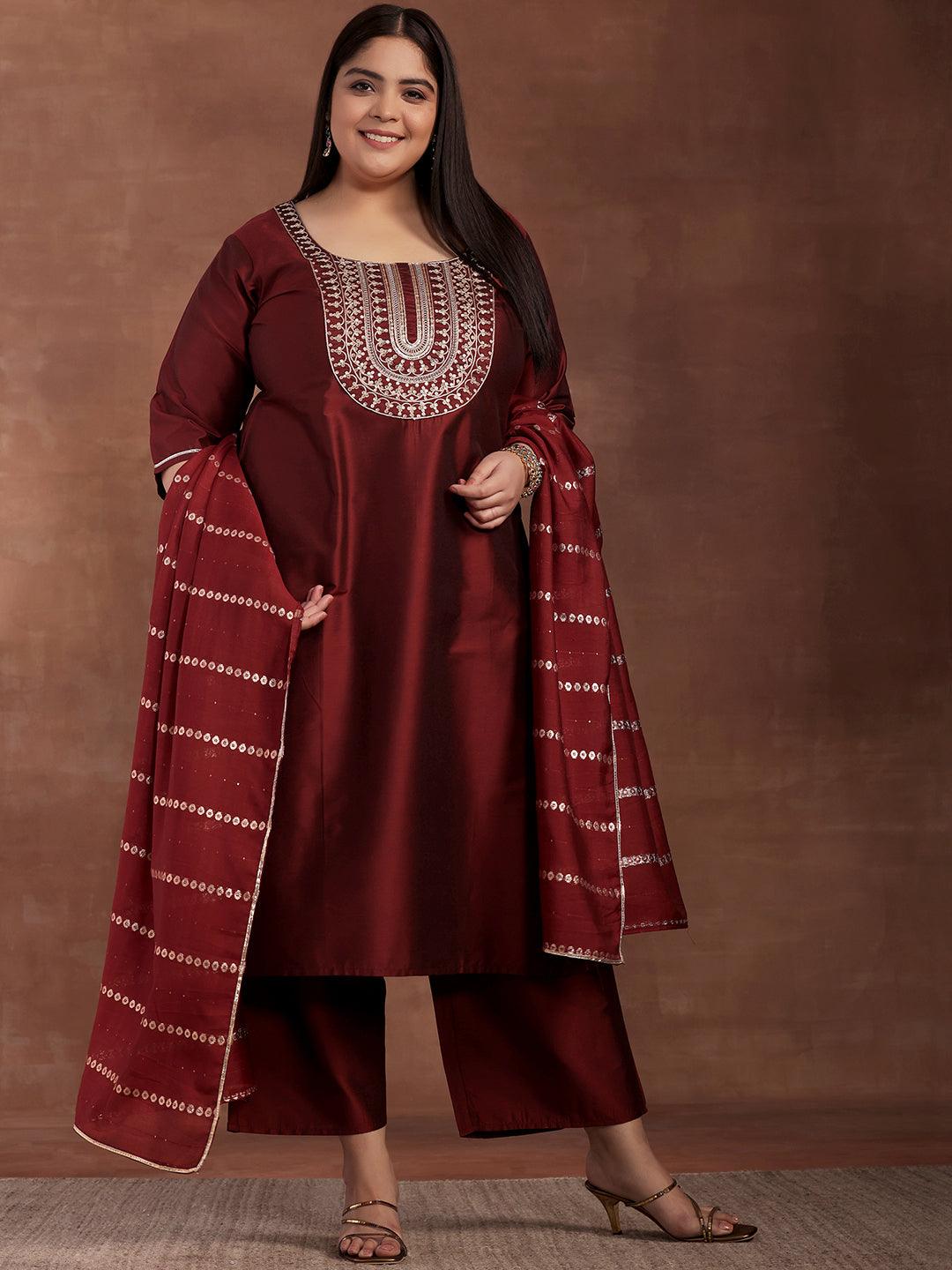 Plus Size Maroon Yoke Design Silk Blend Straight Suit With Dupatta