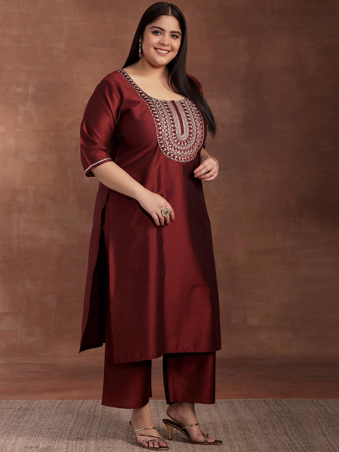 Plus Size Maroon Yoke Design Silk Blend Straight Suit With Dupatta