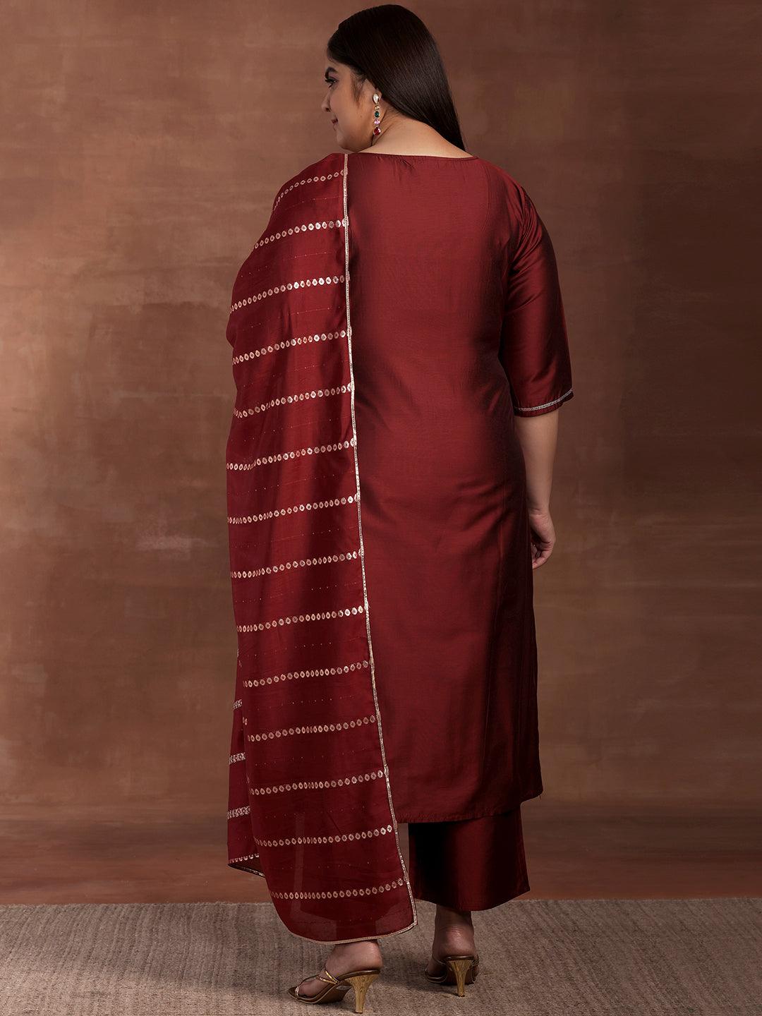 Plus Size Maroon Yoke Design Silk Blend Straight Suit With Dupatta