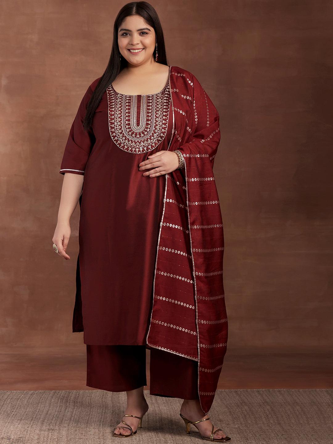 Plus Size Maroon Yoke Design Silk Blend Straight Suit With Dupatta