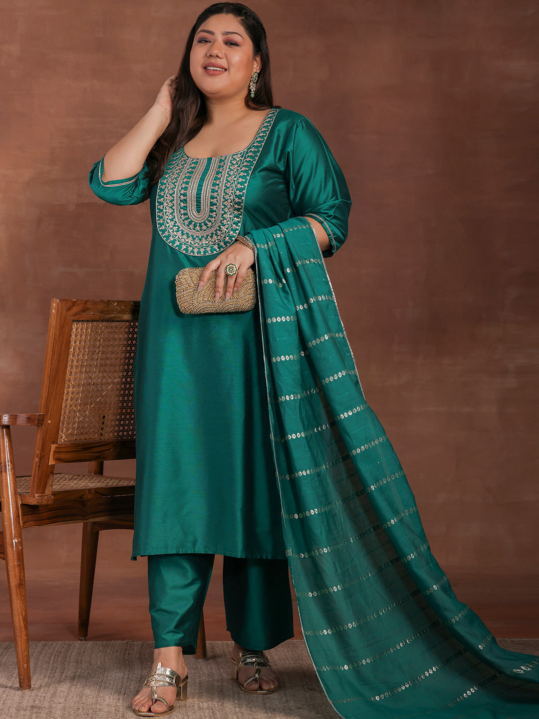 Plus Size Green Yoke Design Silk Blend Straight Suit With Dupatta