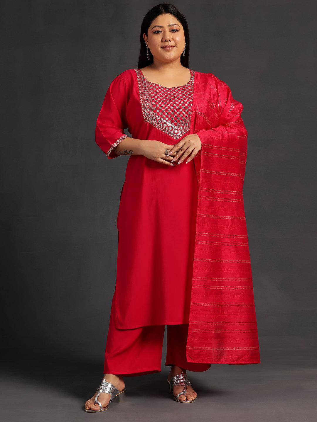 Plus Size Pink Yoke Design Silk Blend Straight Suit With Dupatta