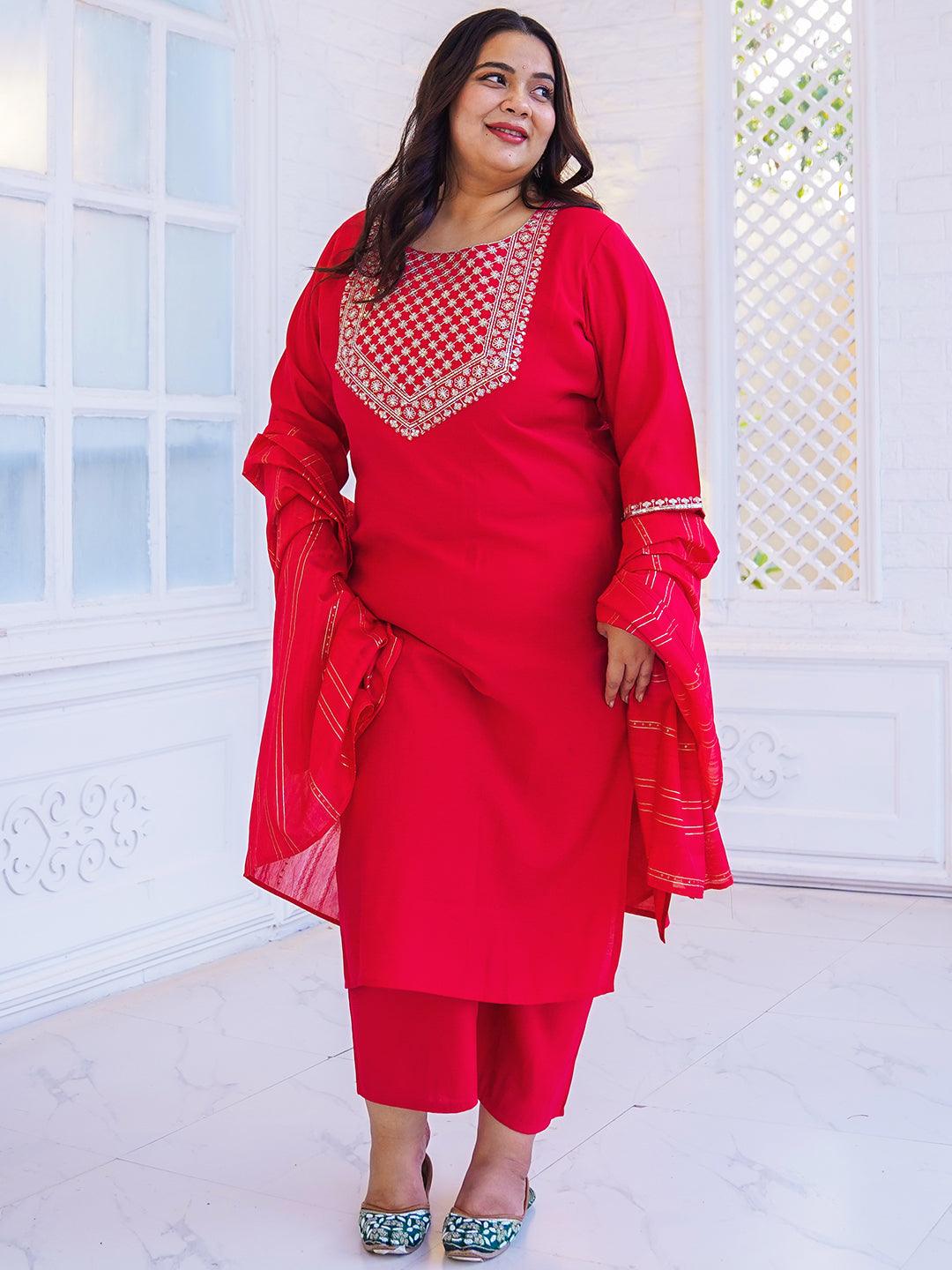 Plus Size Pink Yoke Design Silk Blend Straight Suit With Dupatta