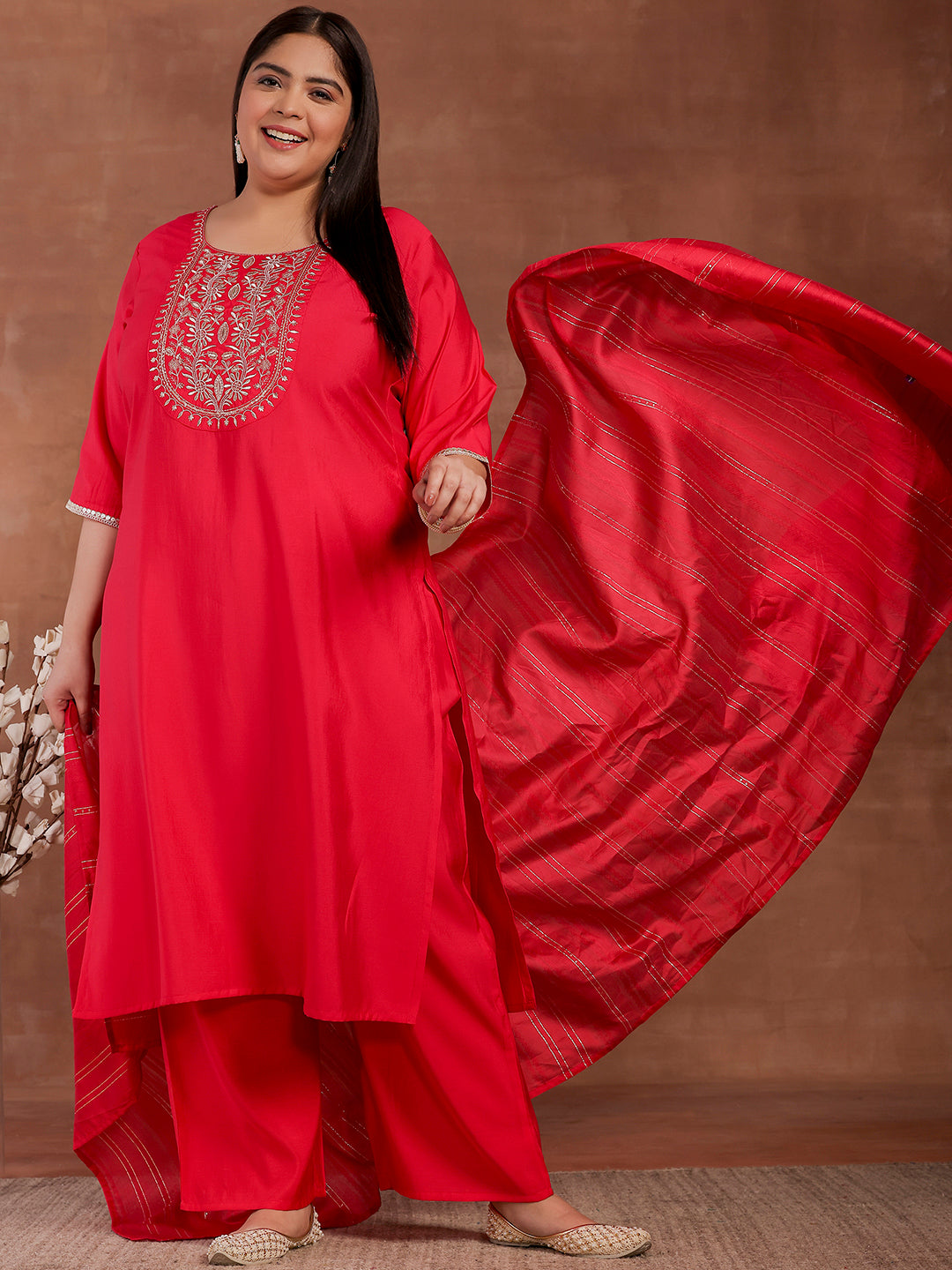 Plus Size Pink Yoke Design Silk Blend Straight Suit With Dupatta