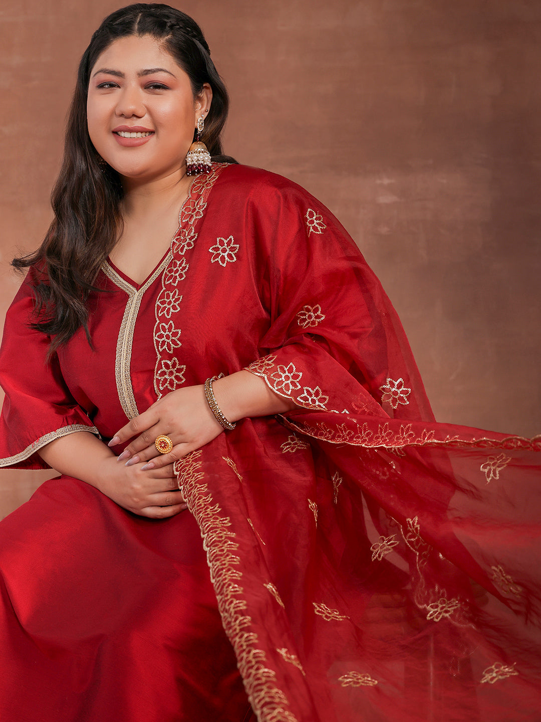 Plus Size Maroon Solid Silk Blend Straight Suit With Dupatta