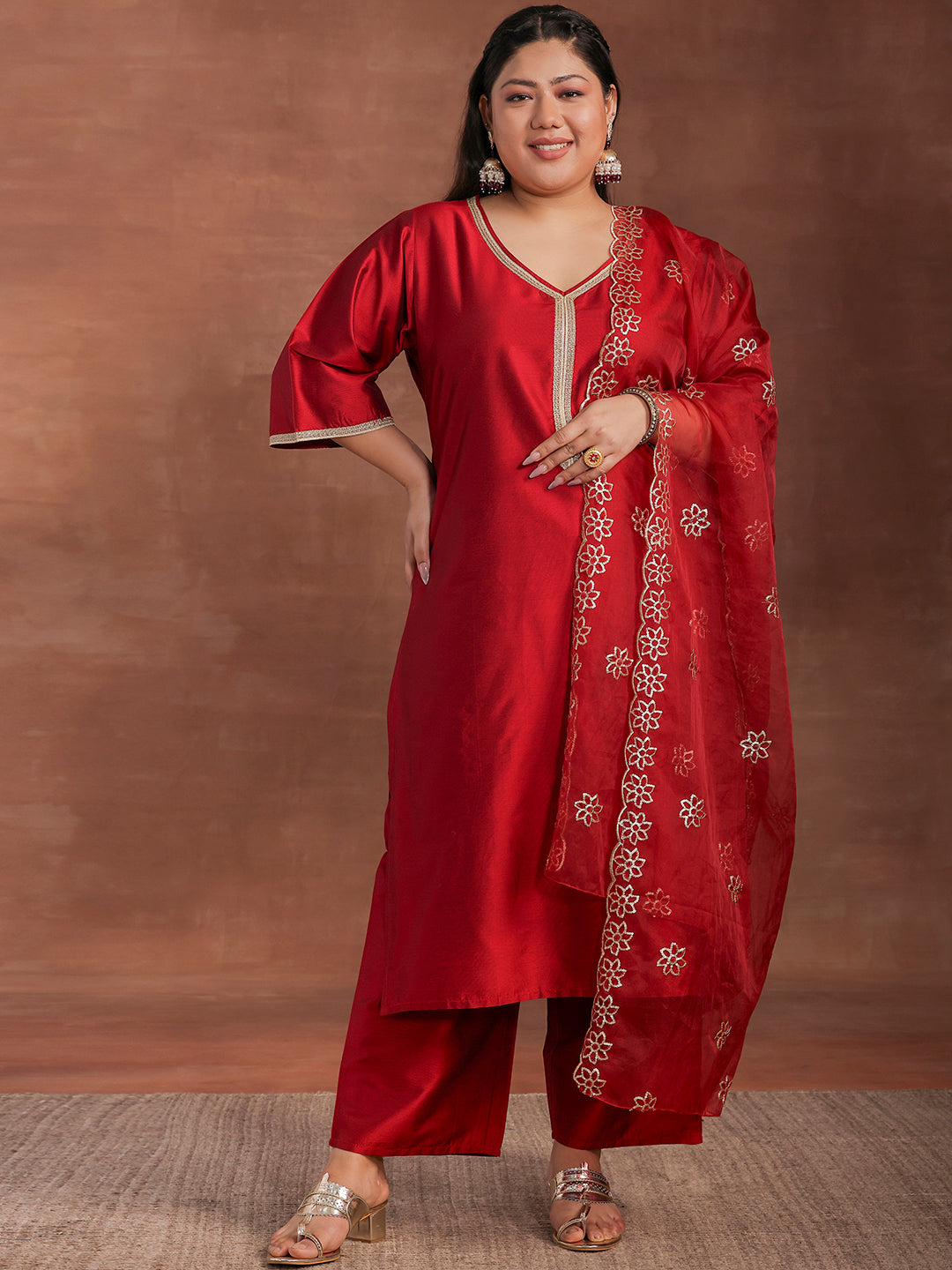 Plus Size Maroon Solid Silk Blend Straight Suit With Dupatta