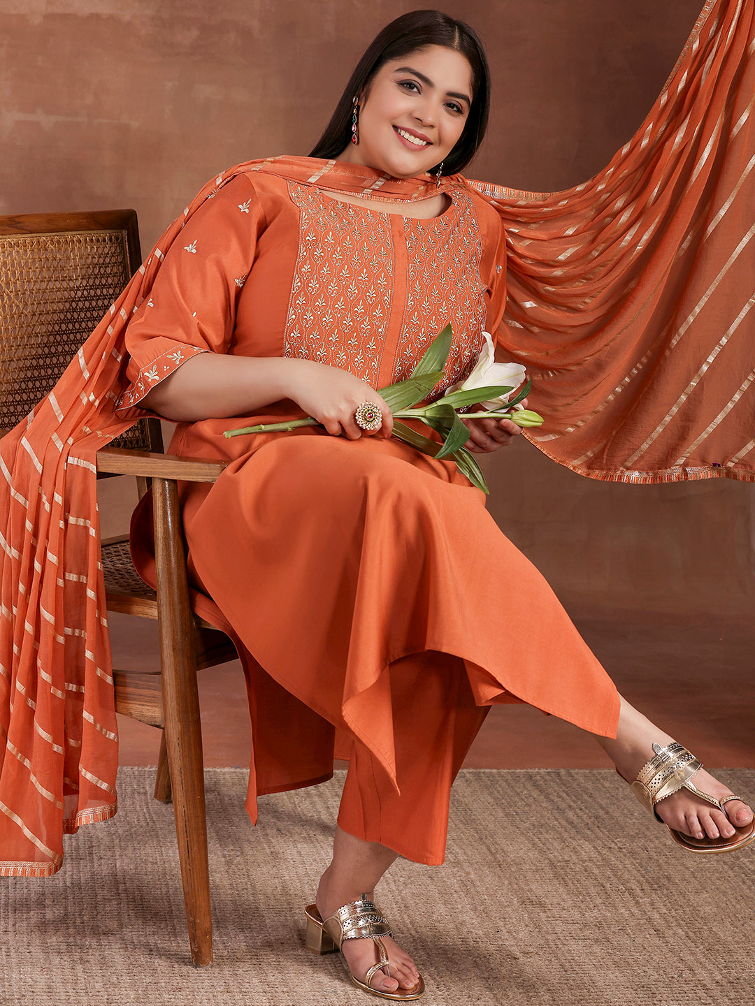 Plus Size Coral Solid Silk Blend Straight Suit With Dupatta