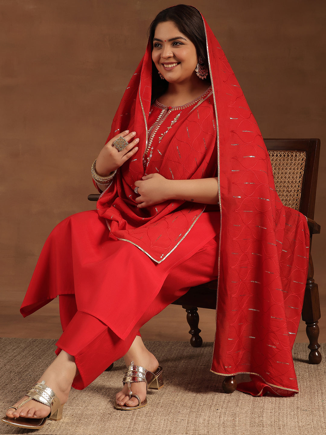 Plus Size Red Yoke Design Silk Blend Straight Suit With Dupatta