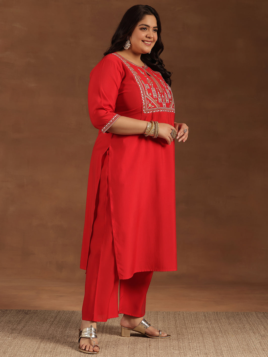 Plus Size Red Yoke Design Silk Blend Straight Suit With Dupatta