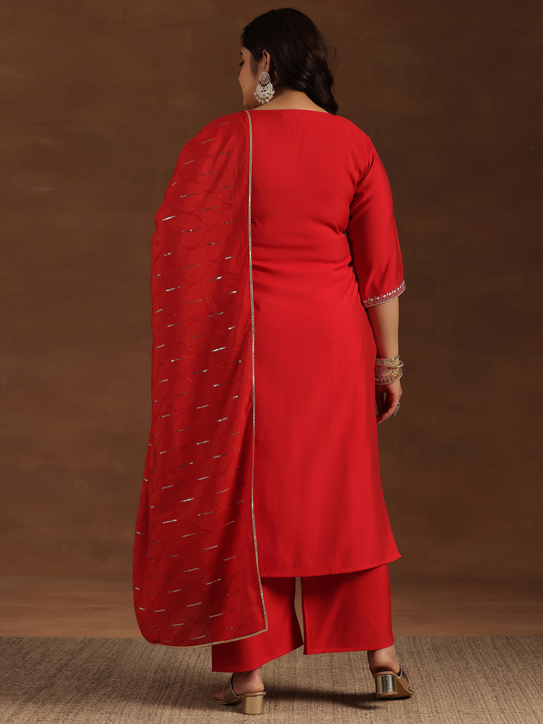 Plus Size Red Yoke Design Silk Blend Straight Suit With Dupatta