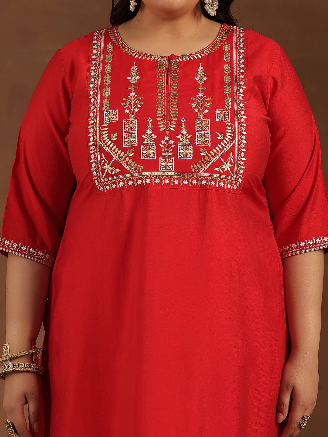 Plus Size Red Yoke Design Silk Blend Straight Suit With Dupatta