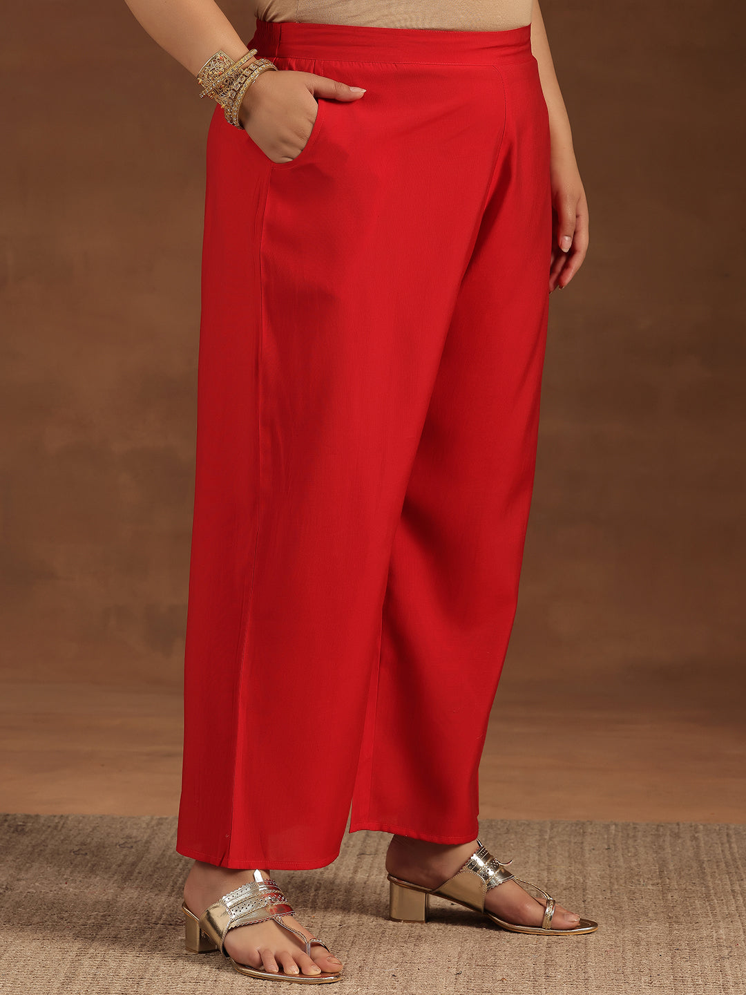 Plus Size Red Yoke Design Silk Blend Straight Suit With Dupatta