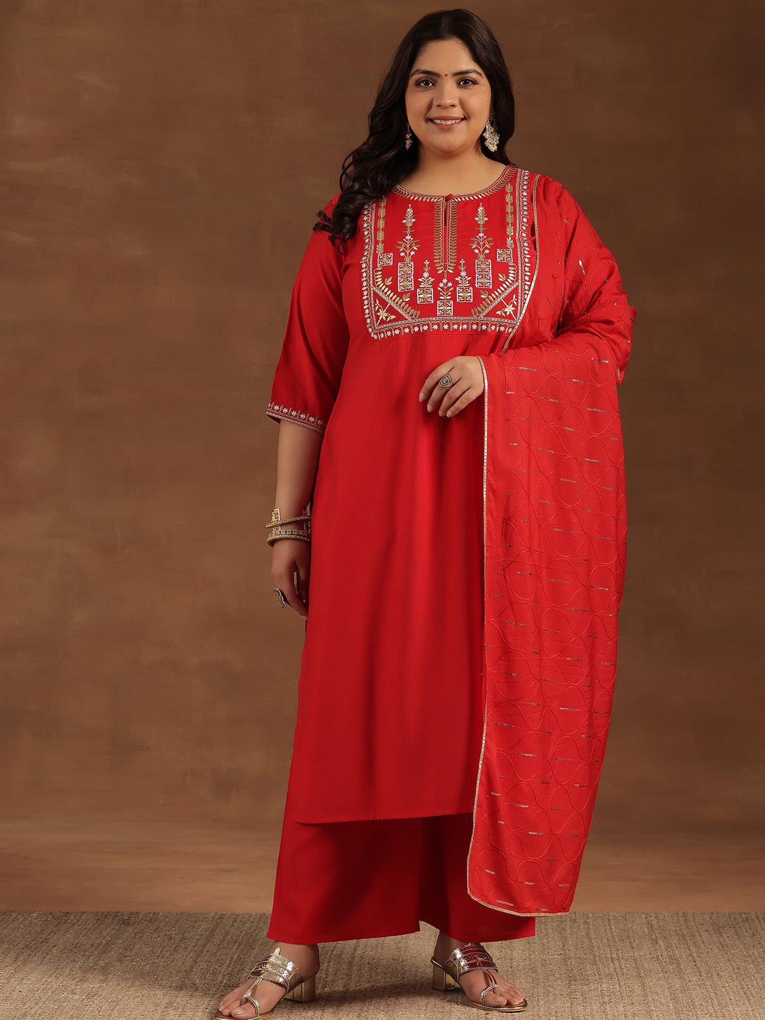 Plus Size Red Yoke Design Silk Blend Straight Suit With Dupatta