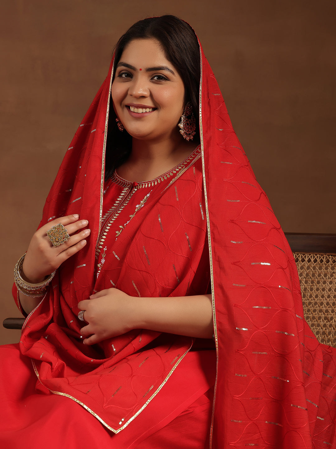 Plus Size Red Yoke Design Silk Blend Straight Suit With Dupatta