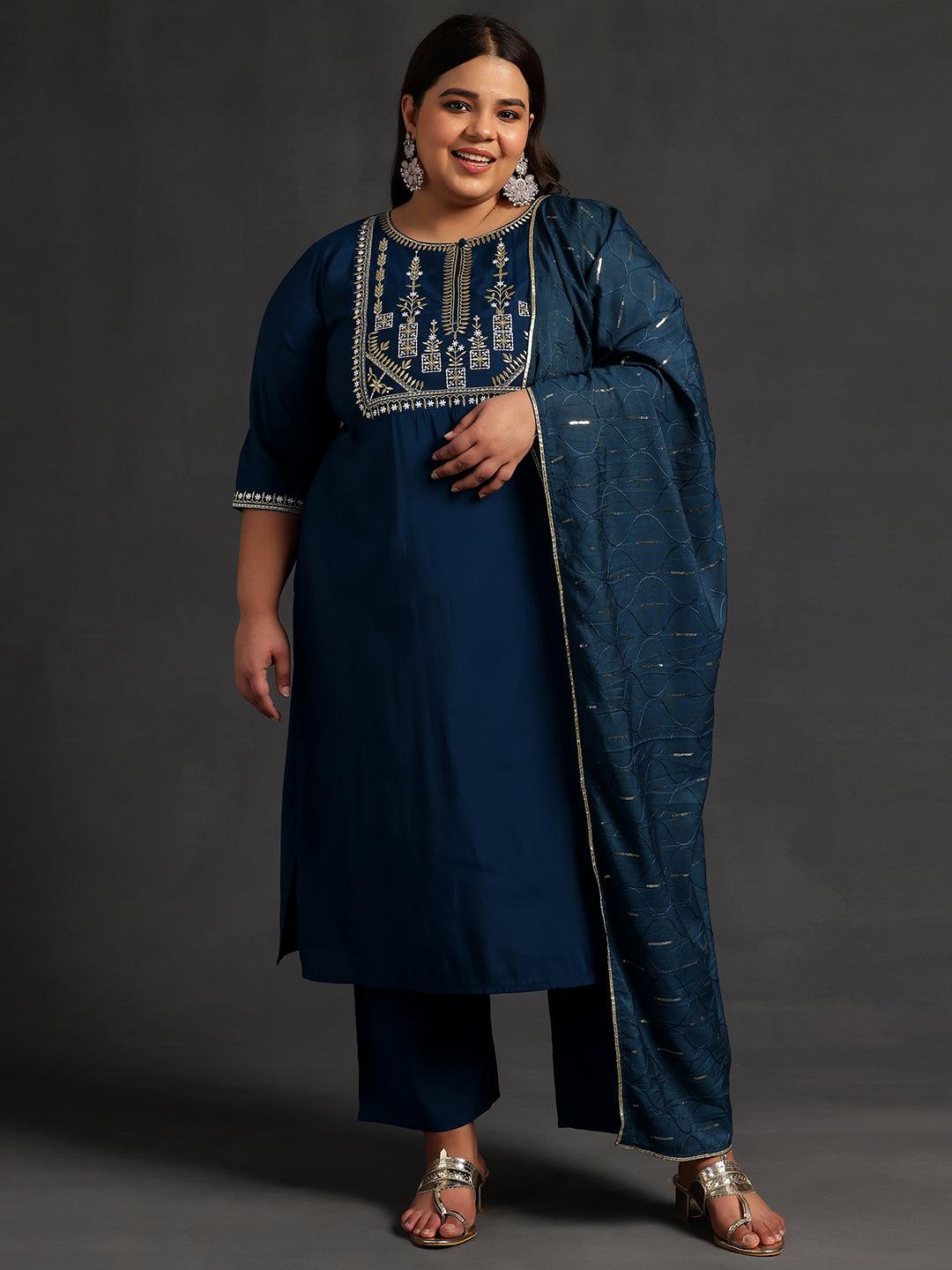 Plus Size Blue Yoke Design Silk Blend Straight Suit With Dupatta