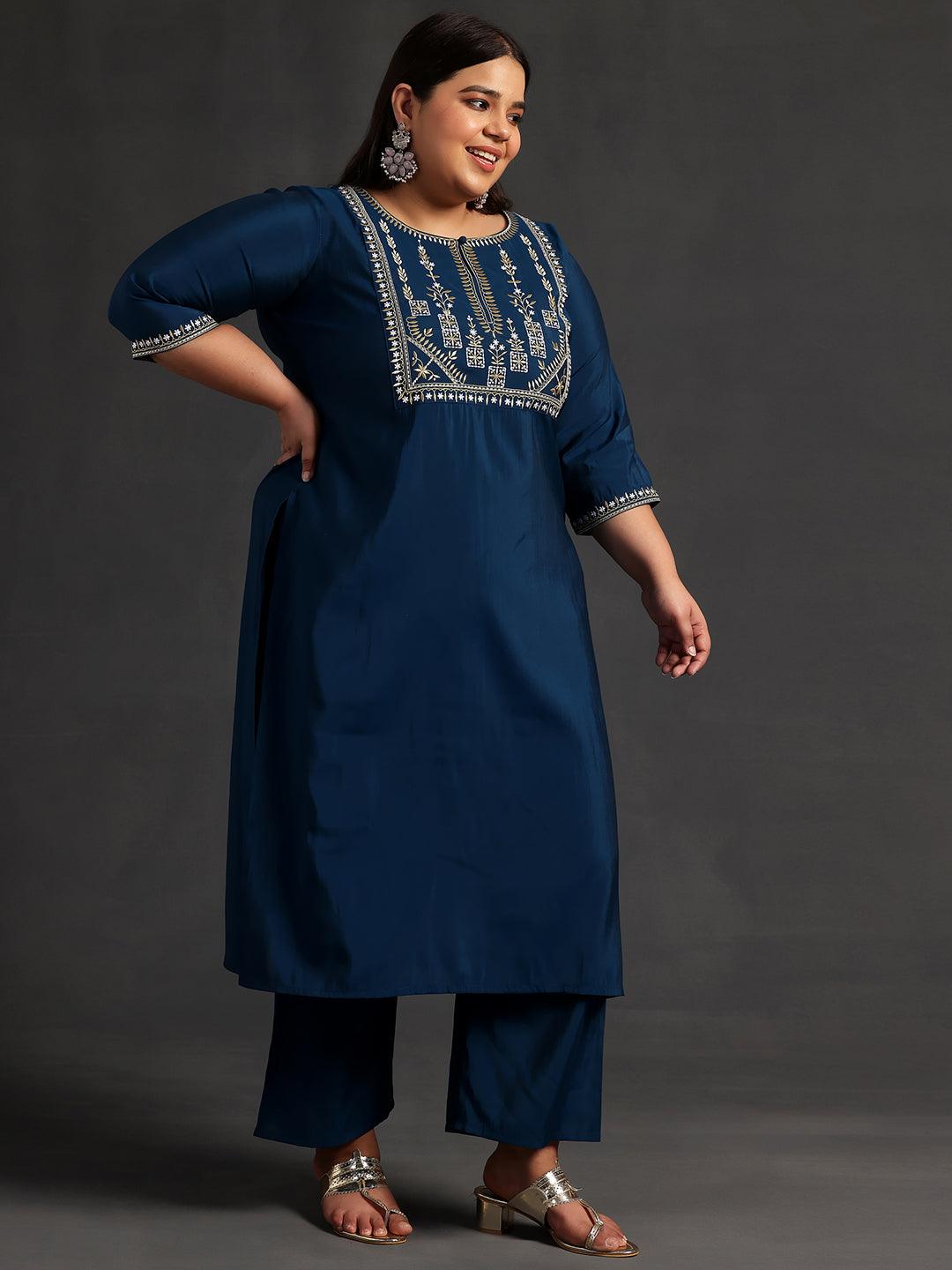 Plus Size Blue Yoke Design Silk Blend Straight Kurta With Trousers & Dupatta - ShopLibas