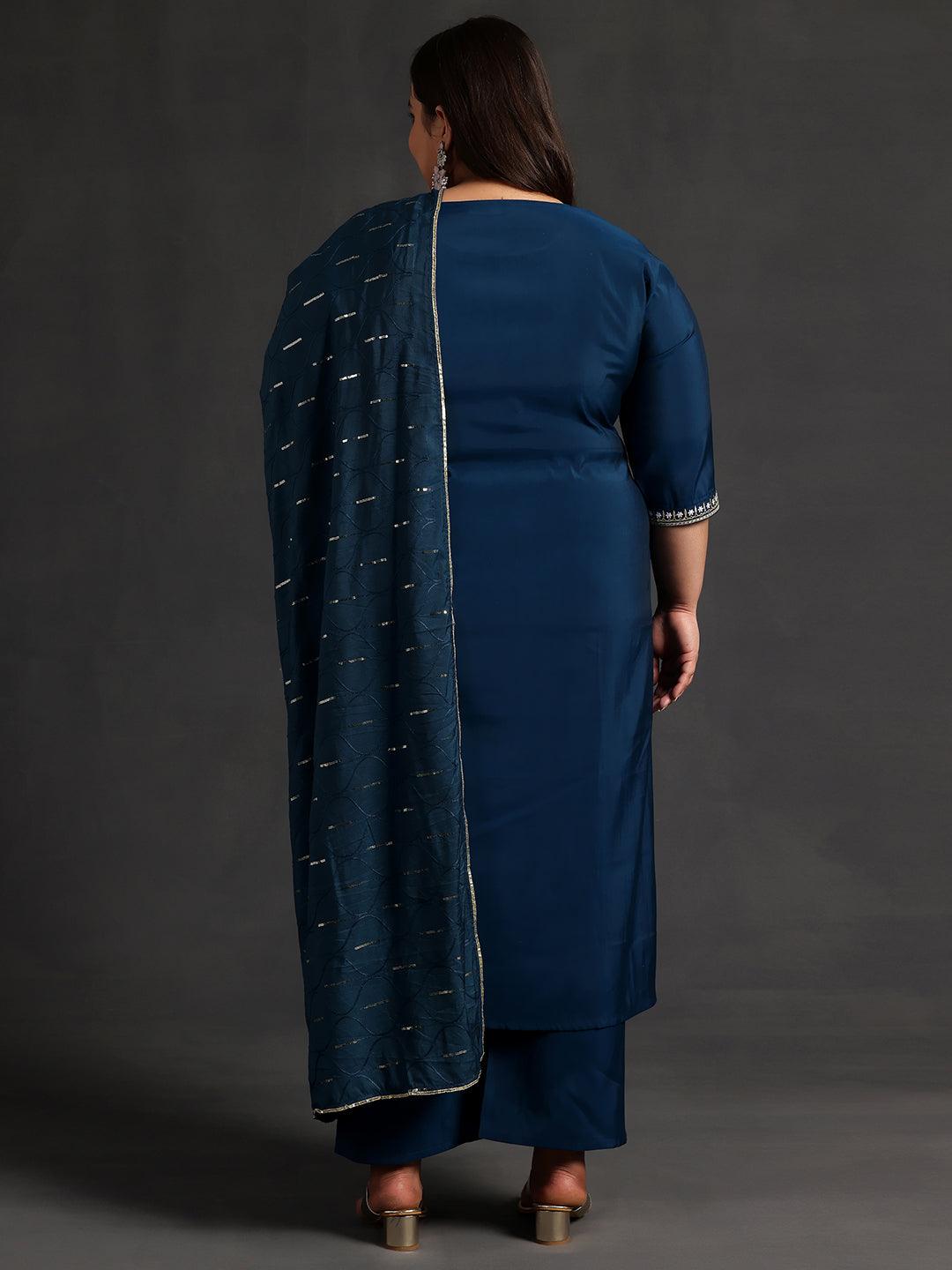 Plus Size Blue Yoke Design Silk Blend Straight Suit With Dupatta