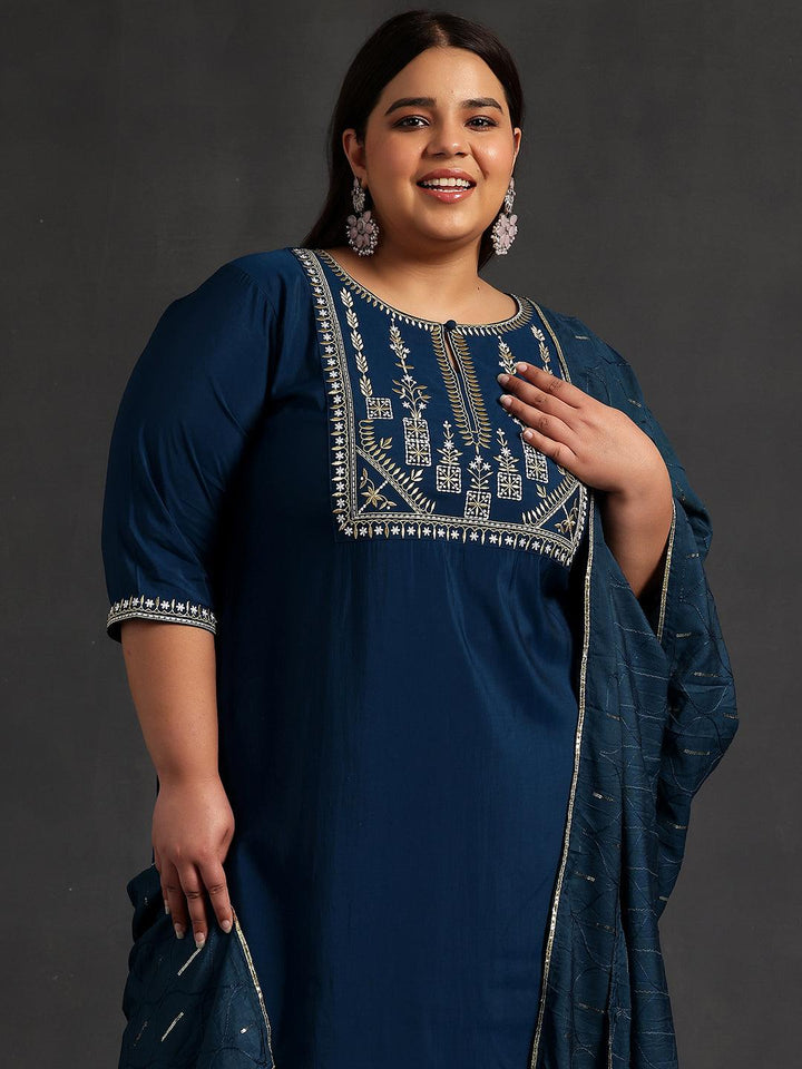 Plus Size Blue Yoke Design Silk Blend Straight Kurta With Trousers & Dupatta - ShopLibas