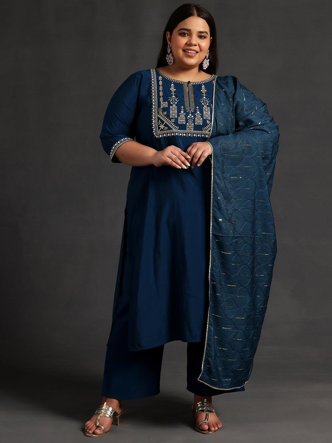 Plus Size Blue Yoke Design Silk Blend Straight Suit With Dupatta